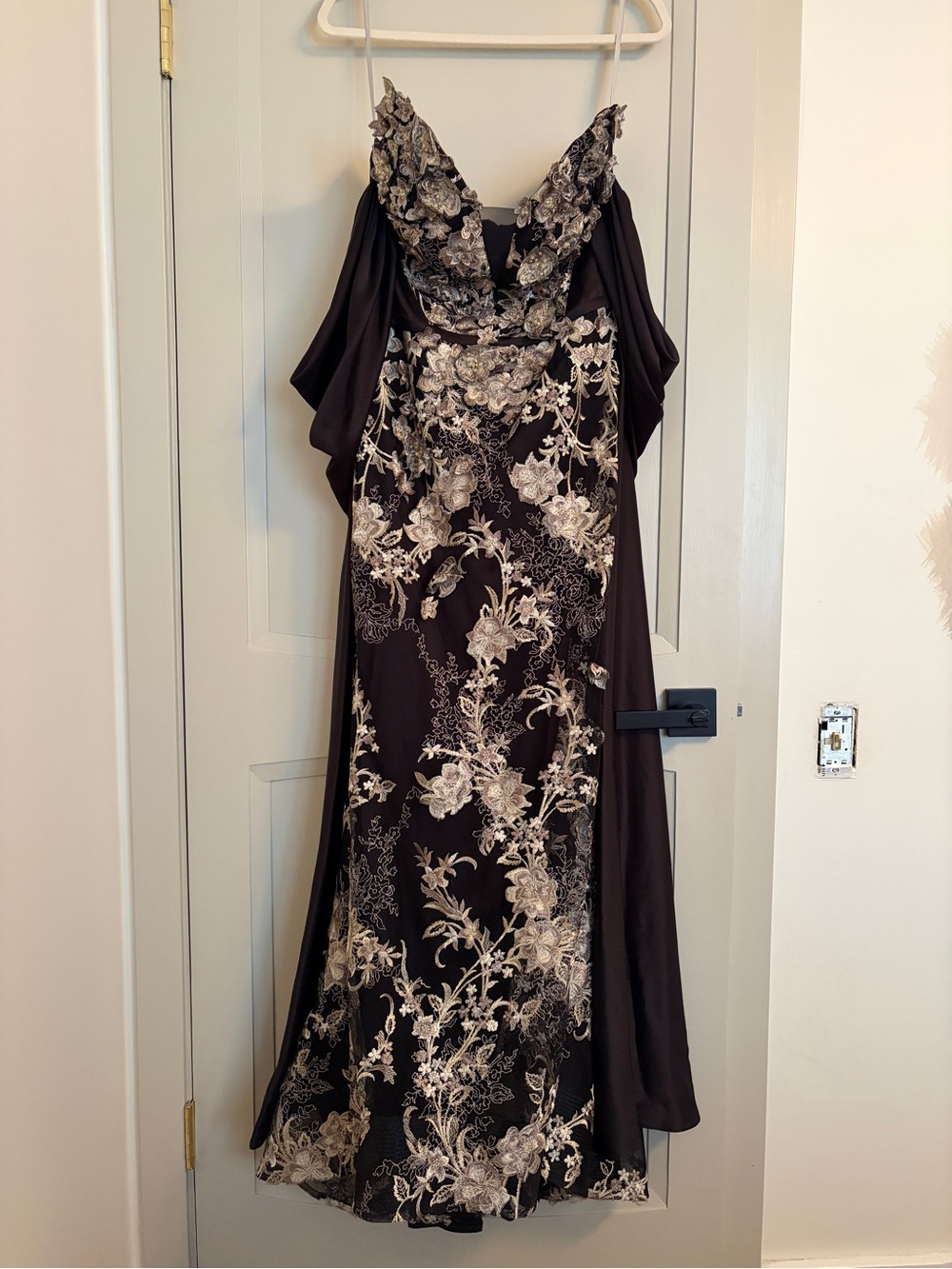 Black Evening Gown with Champagne Floral Embroidery